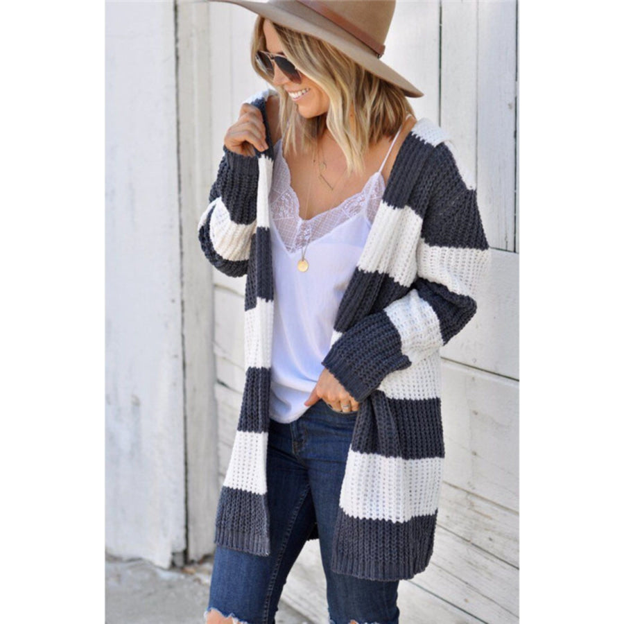 Contrast Stripes Open Front Long Sleeve Cardigan Apparel and Accessories