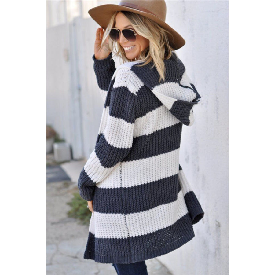 Contrast Stripes Open Front Long Sleeve Cardigan Apparel and Accessories