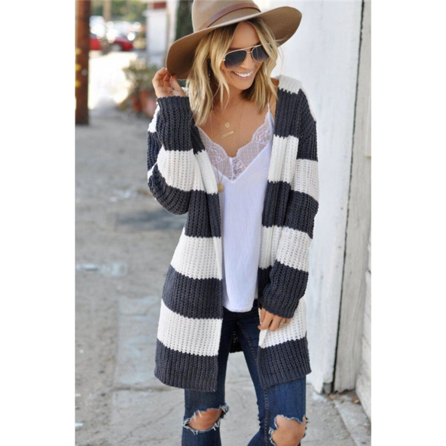 Contrast Stripes Open Front Long Sleeve Cardigan Apparel and Accessories