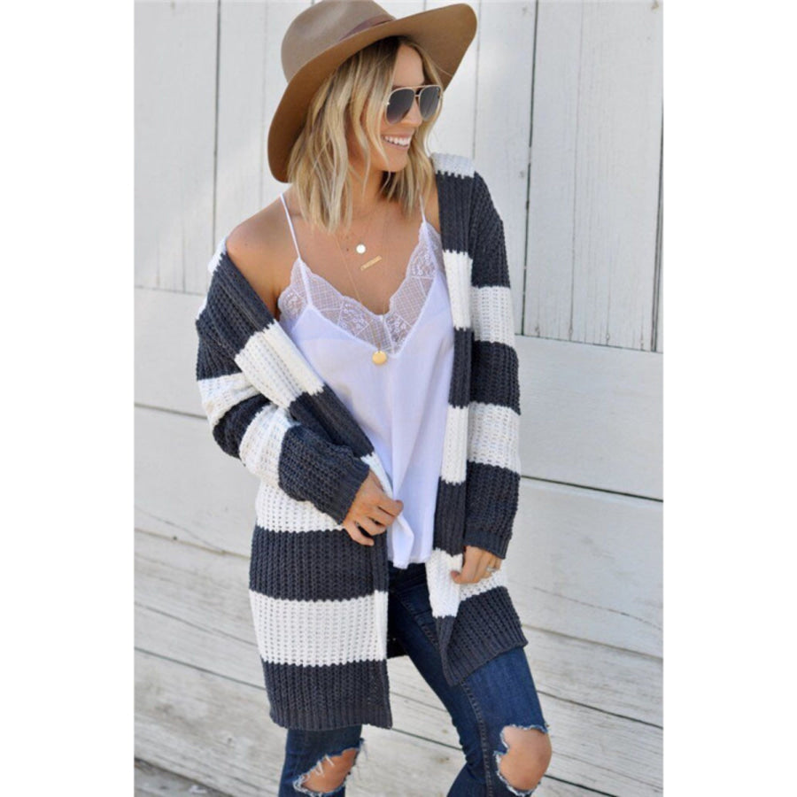 Contrast Stripes Open Front Long Sleeve Cardigan Cream / S Apparel and Accessories