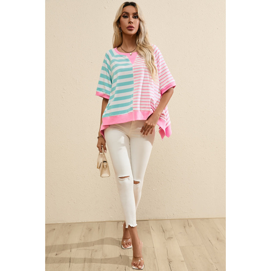 Contrast Stripes Round Neck Half Sleeve T-Shirt Apparel and Accessories