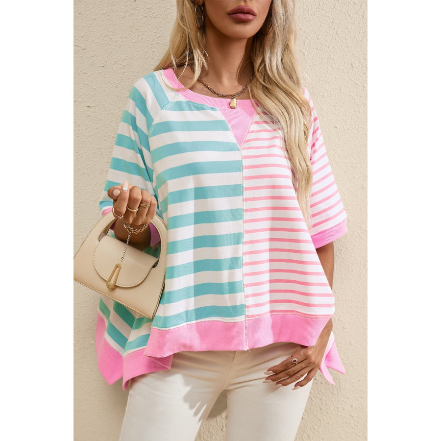 Contrast Stripes Round Neck Half Sleeve T-Shirt Pink / S Apparel and Accessories