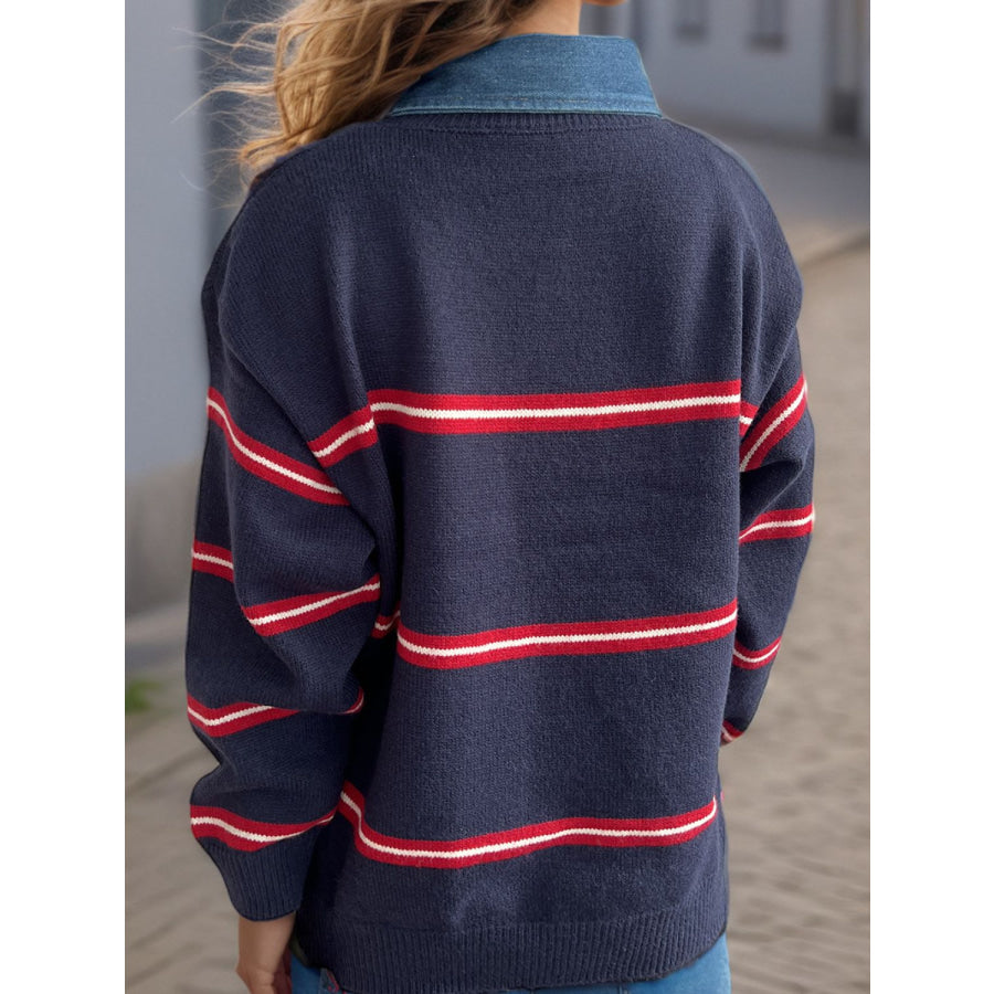 Contrast Stripes Round Neck Long Sleeve Sweater Apparel and Accessories