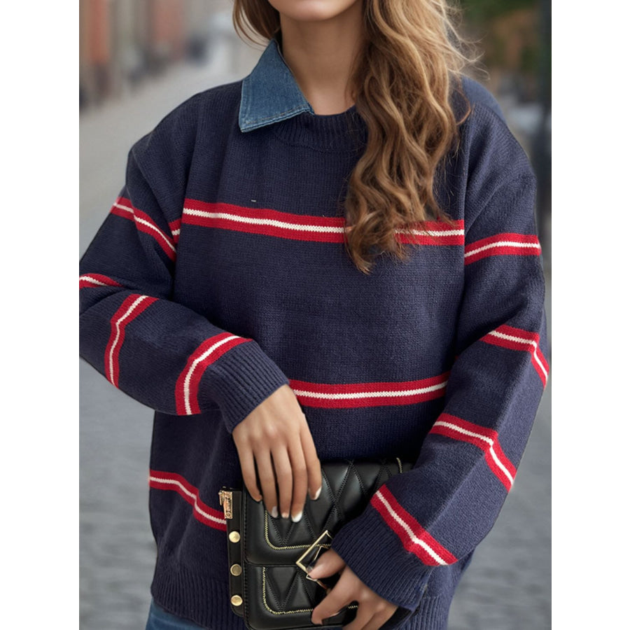 Contrast Stripes Round Neck Long Sleeve Sweater Apparel and Accessories