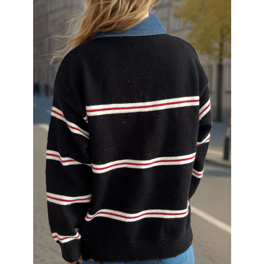 Contrast Stripes Round Neck Long Sleeve Sweater Apparel and Accessories