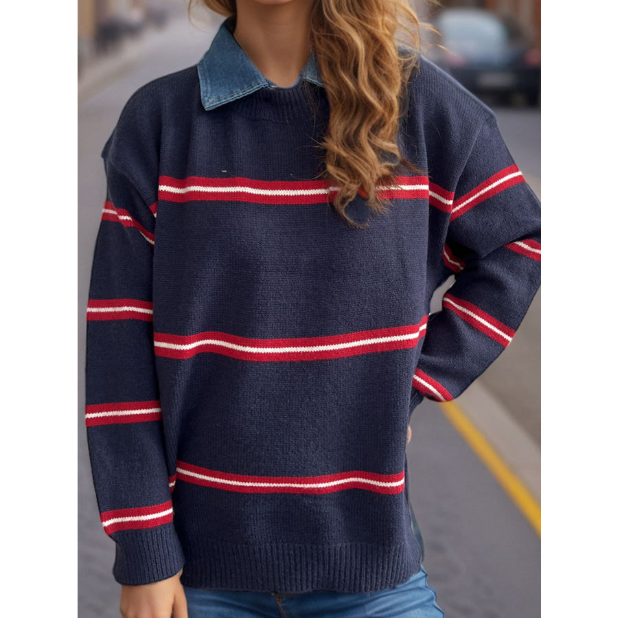 Contrast Stripes Round Neck Long Sleeve Sweater Apparel and Accessories