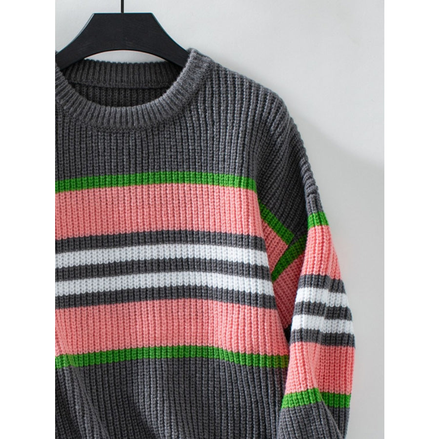 Contrast Stripes Round Neck Long Sleeve Sweater Apparel and Accessories