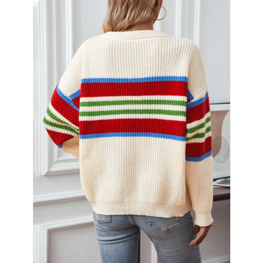 Contrast Stripes Round Neck Long Sleeve Sweater Apparel and Accessories