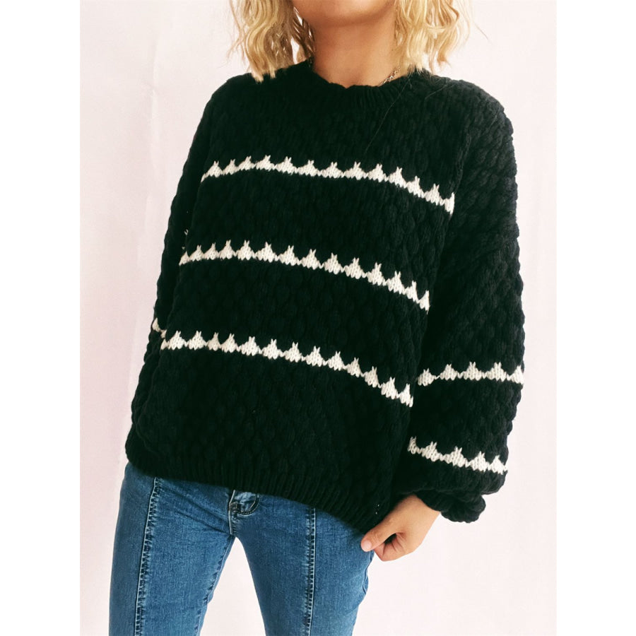 Contrast Stripes Round Neck Long Sleeve Sweater Apparel and Accessories