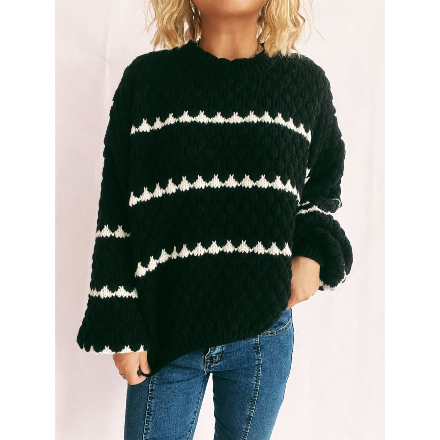 Contrast Stripes Round Neck Long Sleeve Sweater Apparel and Accessories