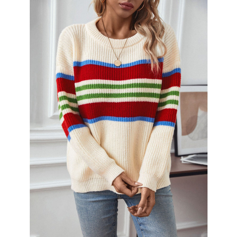 Contrast Stripes Round Neck Long Sleeve Sweater Apparel and Accessories