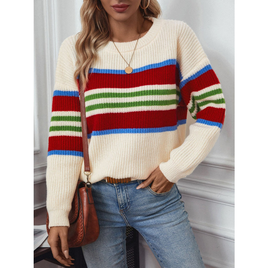 Contrast Stripes Round Neck Long Sleeve Sweater Apparel and Accessories