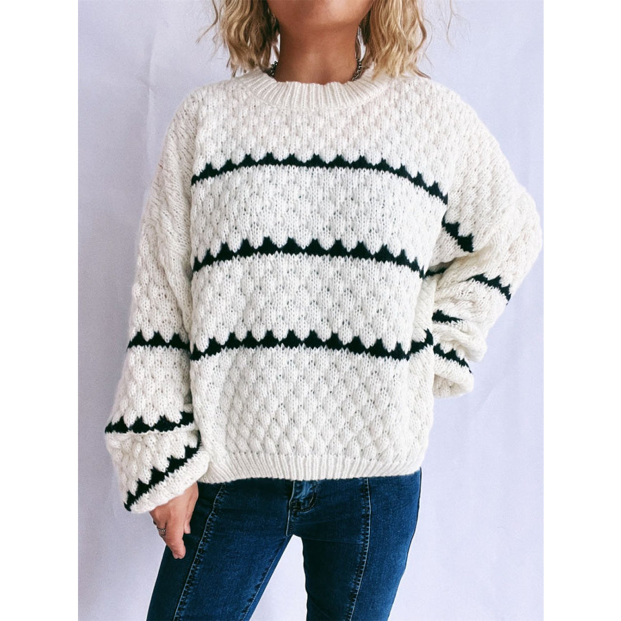 Contrast Stripes Round Neck Long Sleeve Sweater Apparel and Accessories