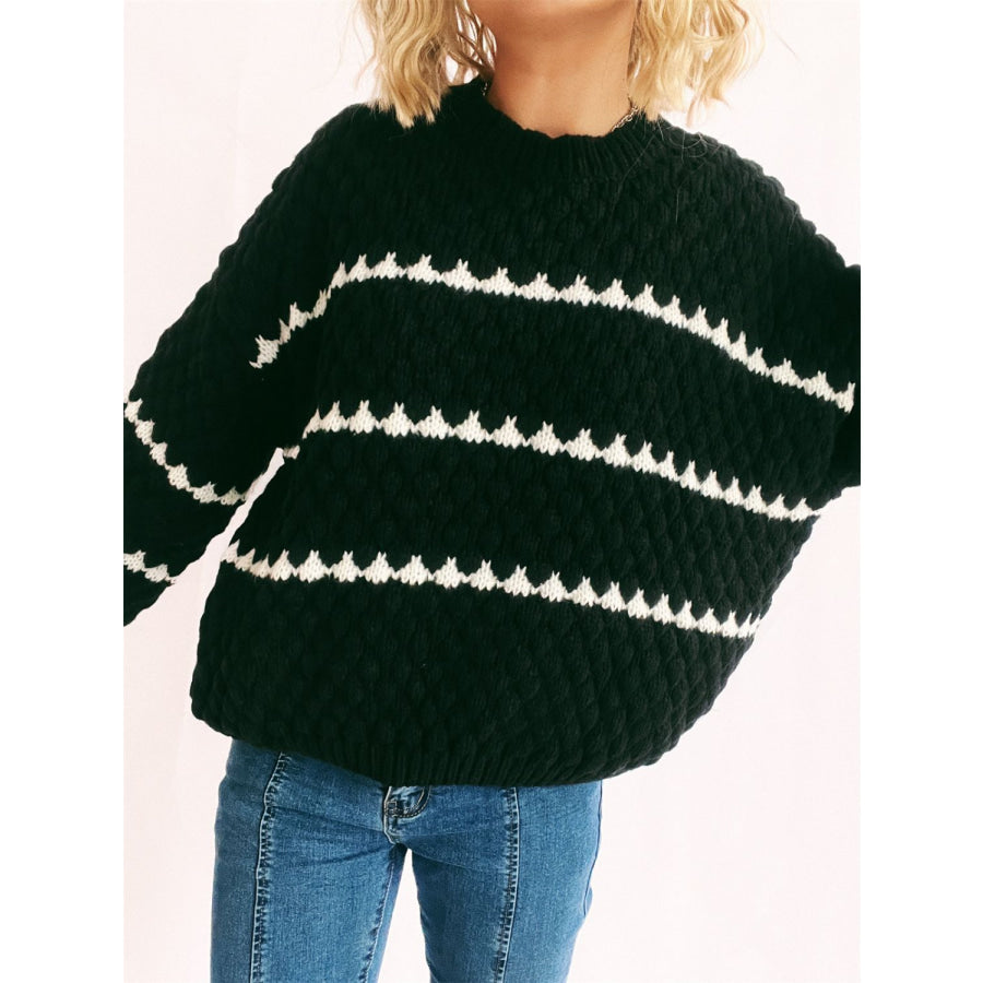 Contrast Stripes Round Neck Long Sleeve Sweater Apparel and Accessories