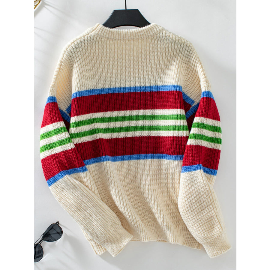 Contrast Stripes Round Neck Long Sleeve Sweater Apparel and Accessories