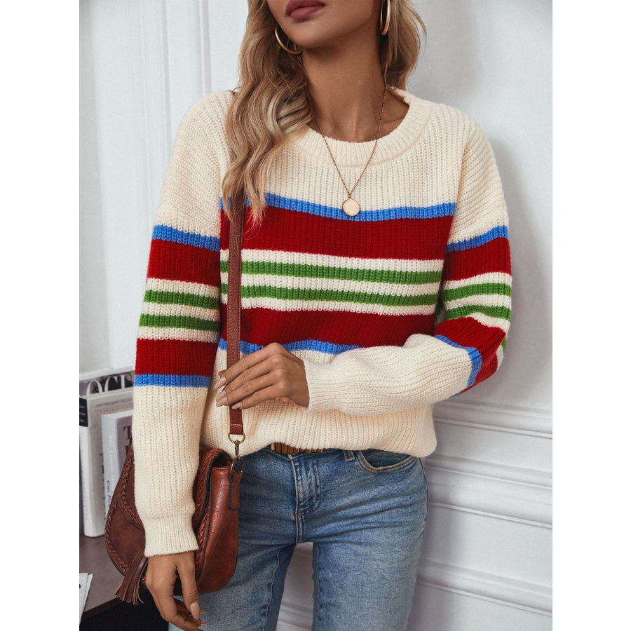 Contrast Stripes Round Neck Long Sleeve Sweater Apparel and Accessories