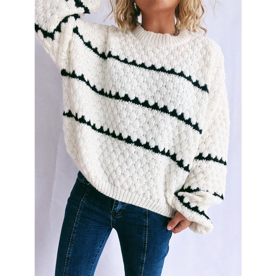 Contrast Stripes Round Neck Long Sleeve Sweater Apparel and Accessories