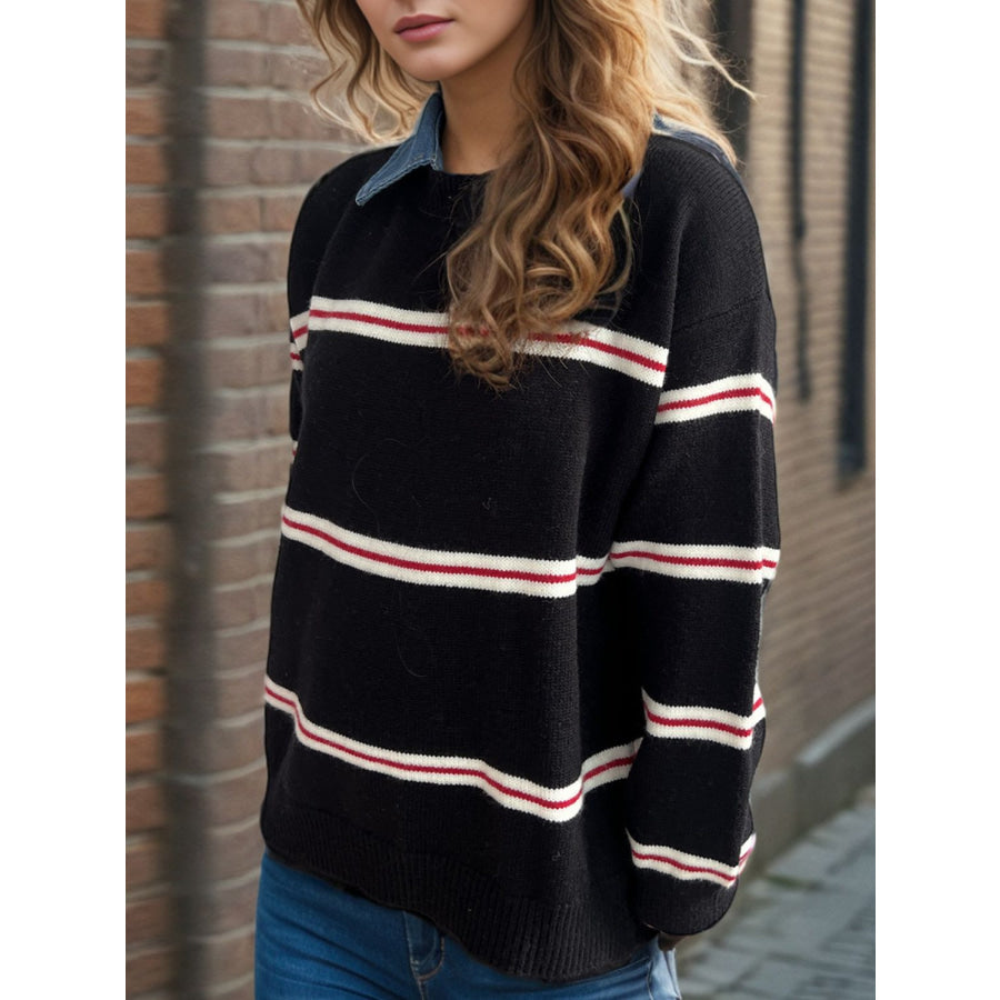 Contrast Stripes Round Neck Long Sleeve Sweater Apparel and Accessories