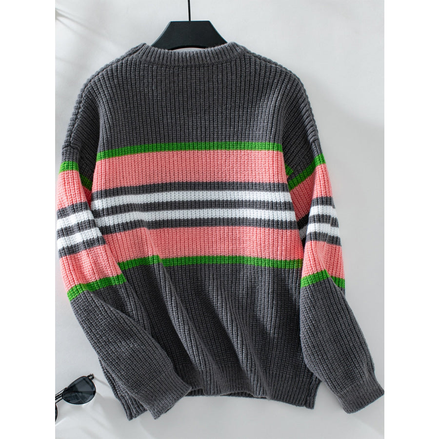 Contrast Stripes Round Neck Long Sleeve Sweater Apparel and Accessories