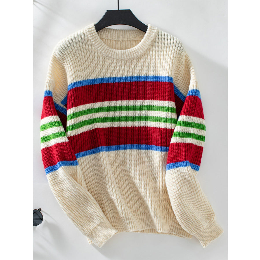 Contrast Stripes Round Neck Long Sleeve Sweater Apparel and Accessories