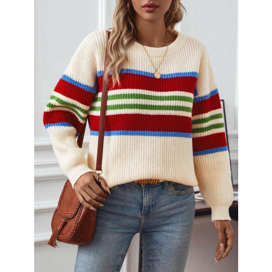 Contrast Stripes Round Neck Long Sleeve Sweater Apparel and Accessories