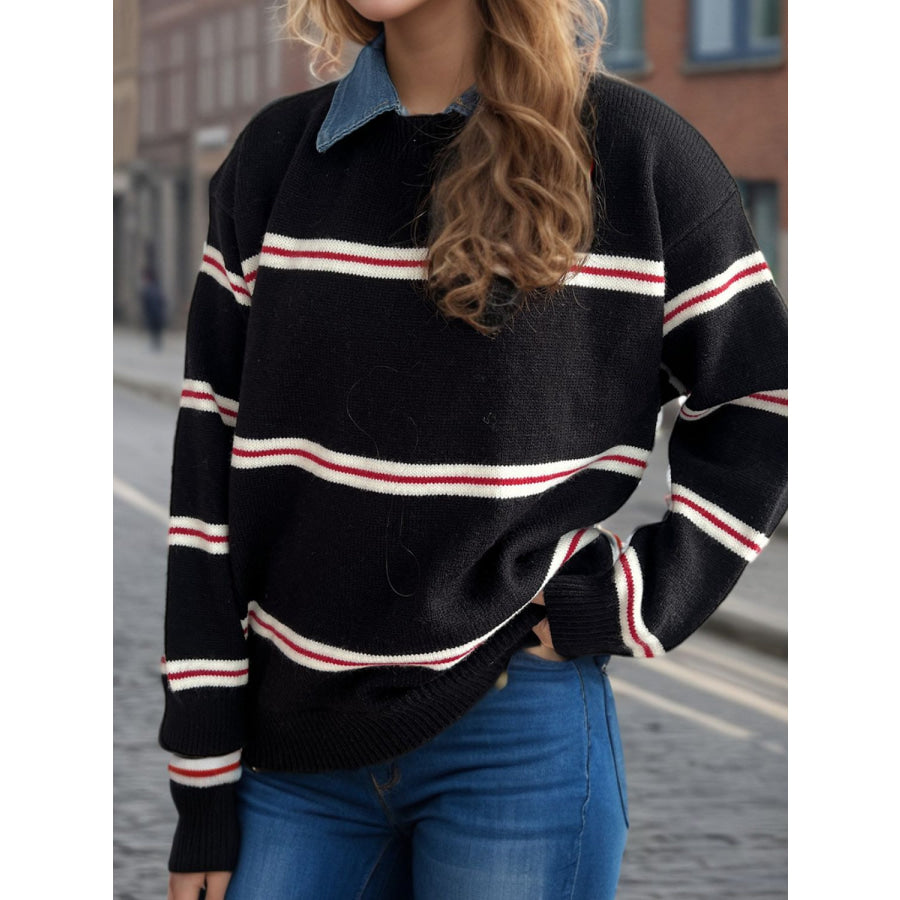 Contrast Stripes Round Neck Long Sleeve Sweater Black / One Size Apparel and Accessories