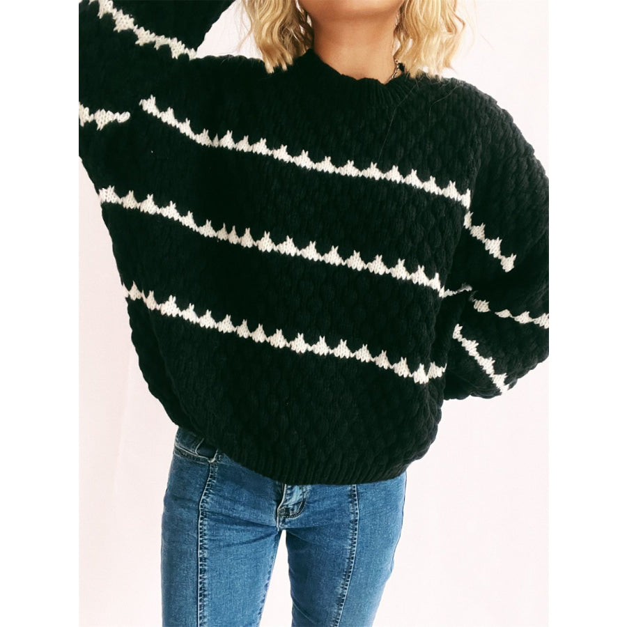 Contrast Stripes Round Neck Long Sleeve Sweater Black / S Apparel and Accessories