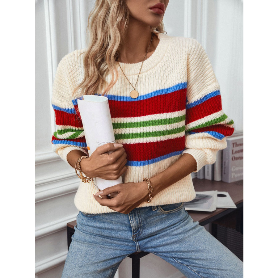 Contrast Stripes Round Neck Long Sleeve Sweater Cream / S Apparel and Accessories