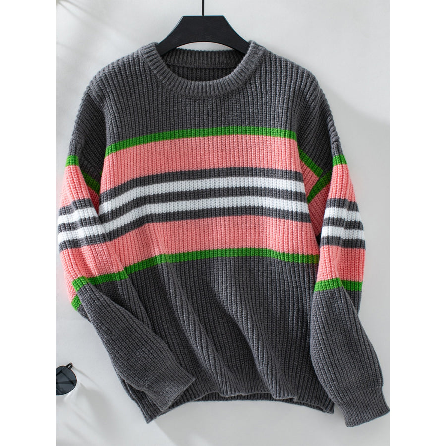 Contrast Stripes Round Neck Long Sleeve Sweater Dark Gray / S Apparel and Accessories