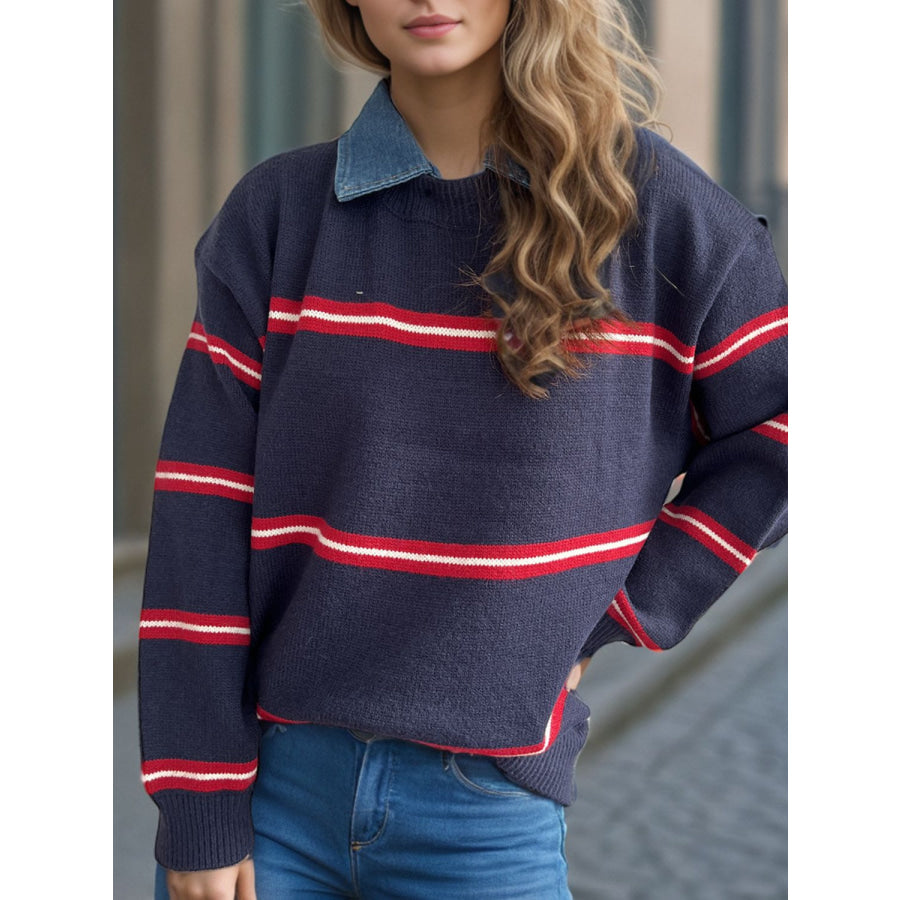 Contrast Stripes Round Neck Long Sleeve Sweater Indigo / One Size Apparel and Accessories