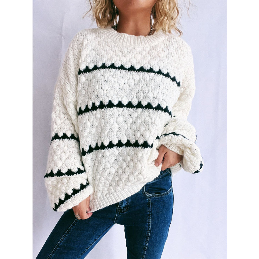 Contrast Stripes Round Neck Long Sleeve Sweater White / S Apparel and Accessories