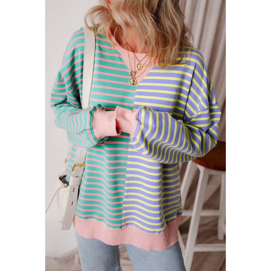 Contrast Stripes Round Neck Long Sleeve Sweatshirt Apparel and Accessories