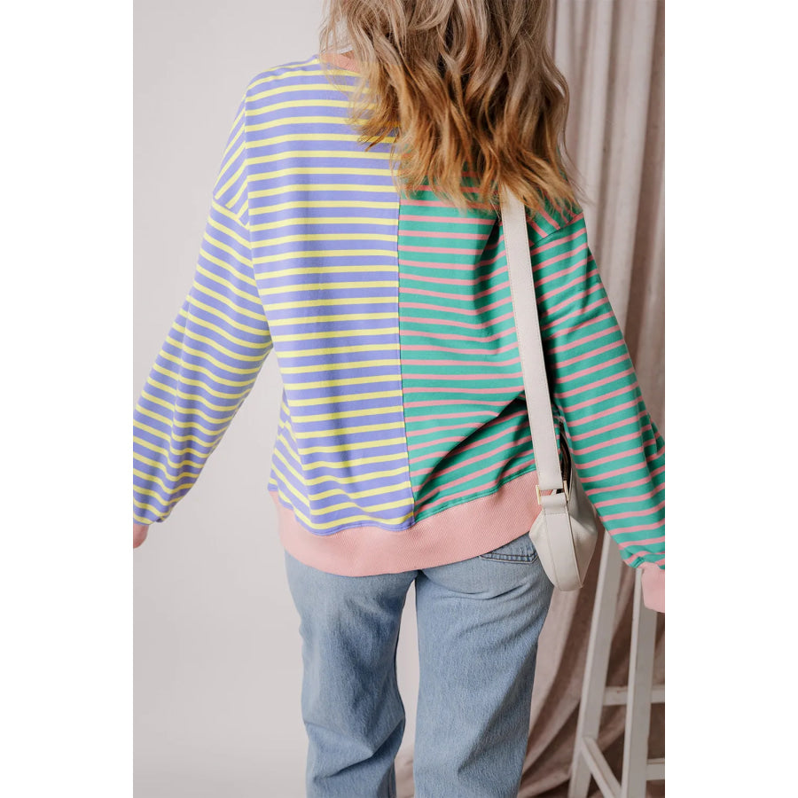 Contrast Stripes Round Neck Long Sleeve Sweatshirt Apparel and Accessories