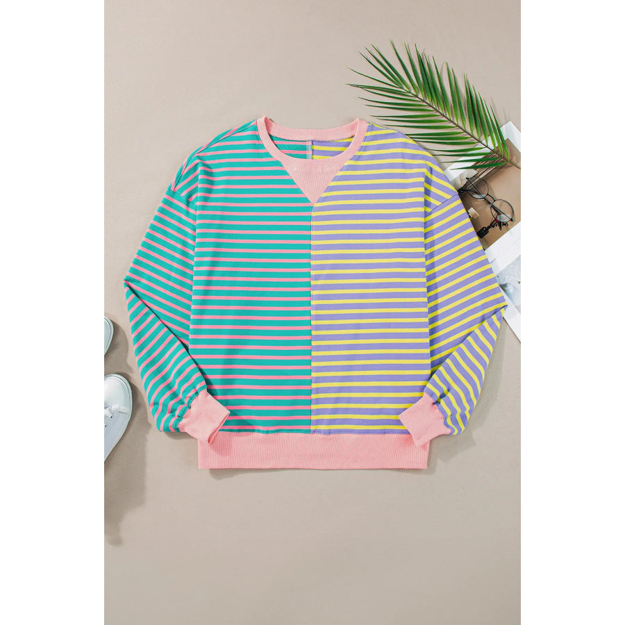 Contrast Stripes Round Neck Long Sleeve Sweatshirt Apparel and Accessories