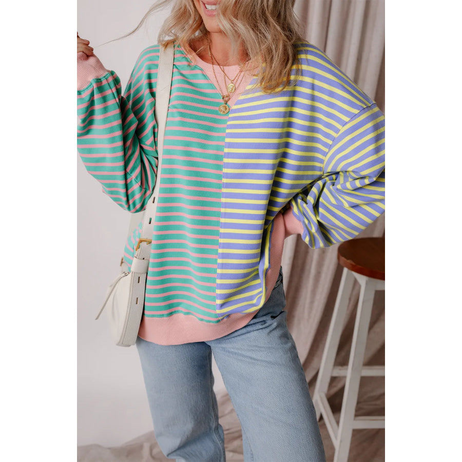 Contrast Stripes Round Neck Long Sleeve Sweatshirt Turquoise / S Apparel and Accessories