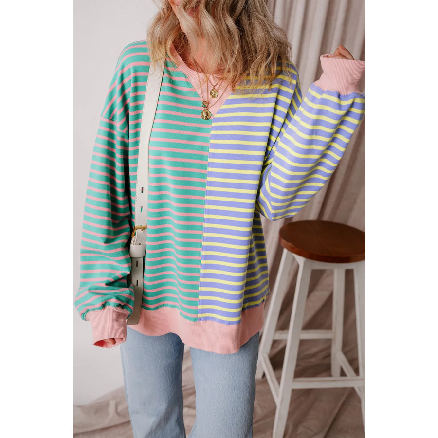 Contrast Stripes Round Neck Long Sleeve Sweatshirt Apparel and Accessories