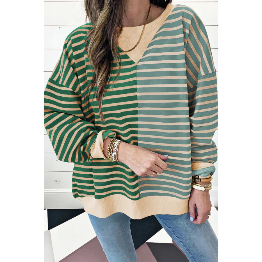 Contrast Stripes Round Neck Long Sleeve Sweatshirt Dark Green / S Apparel and Accessories