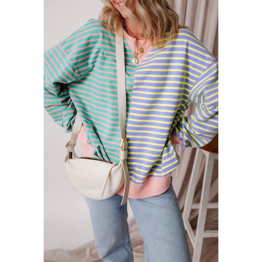 Contrast Stripes Round Neck Long Sleeve Sweatshirt Turquoise / S Apparel and Accessories