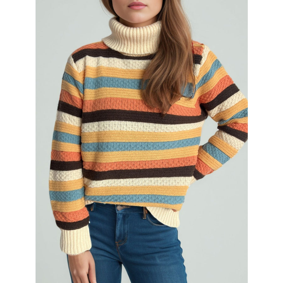 Contrast Stripes Turtleneck Long Sleeve Sweater Apparel and Accessories