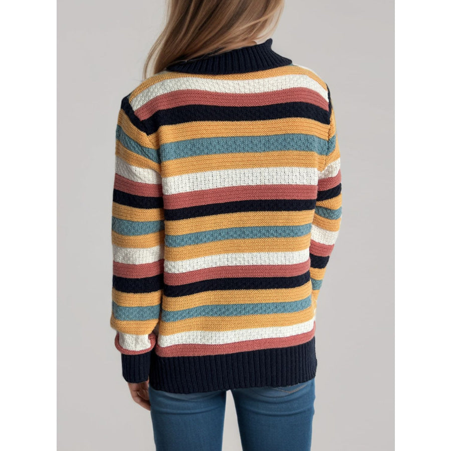 Contrast Stripes Turtleneck Long Sleeve Sweater Apparel and Accessories