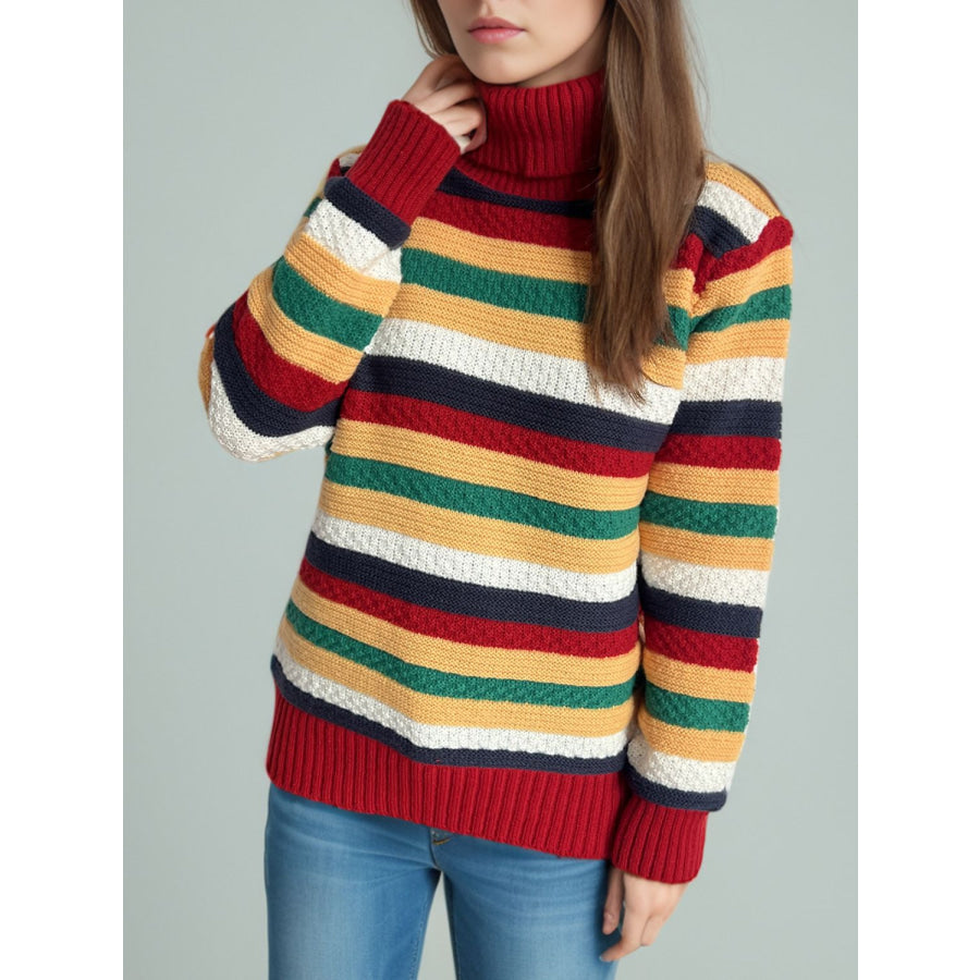 Contrast Stripes Turtleneck Long Sleeve Sweater Apparel and Accessories