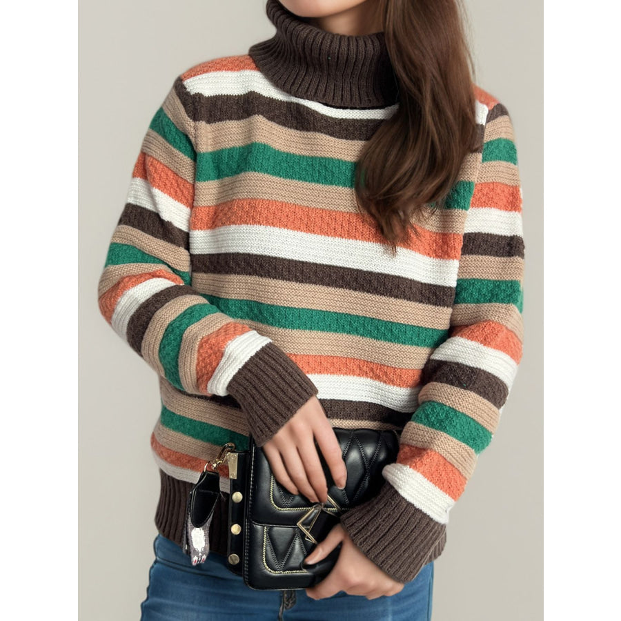 Contrast Stripes Turtleneck Long Sleeve Sweater Apparel and Accessories