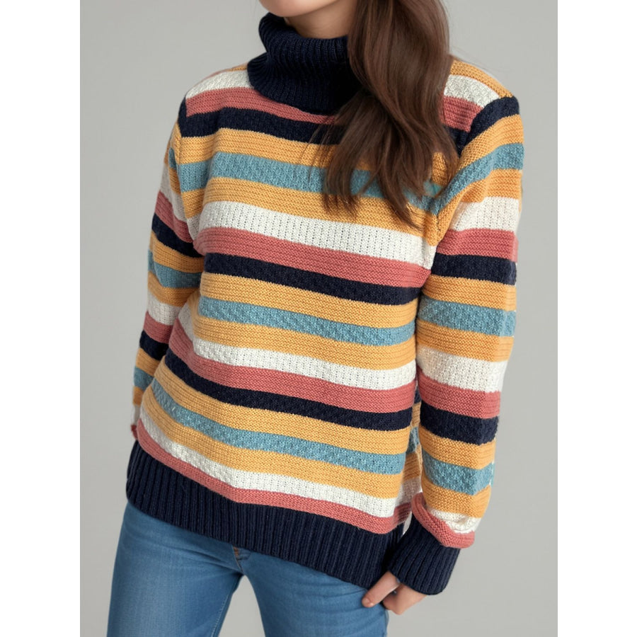 Contrast Stripes Turtleneck Long Sleeve Sweater Apparel and Accessories