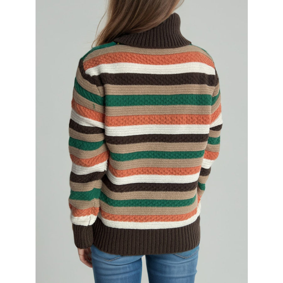 Contrast Stripes Turtleneck Long Sleeve Sweater Apparel and Accessories