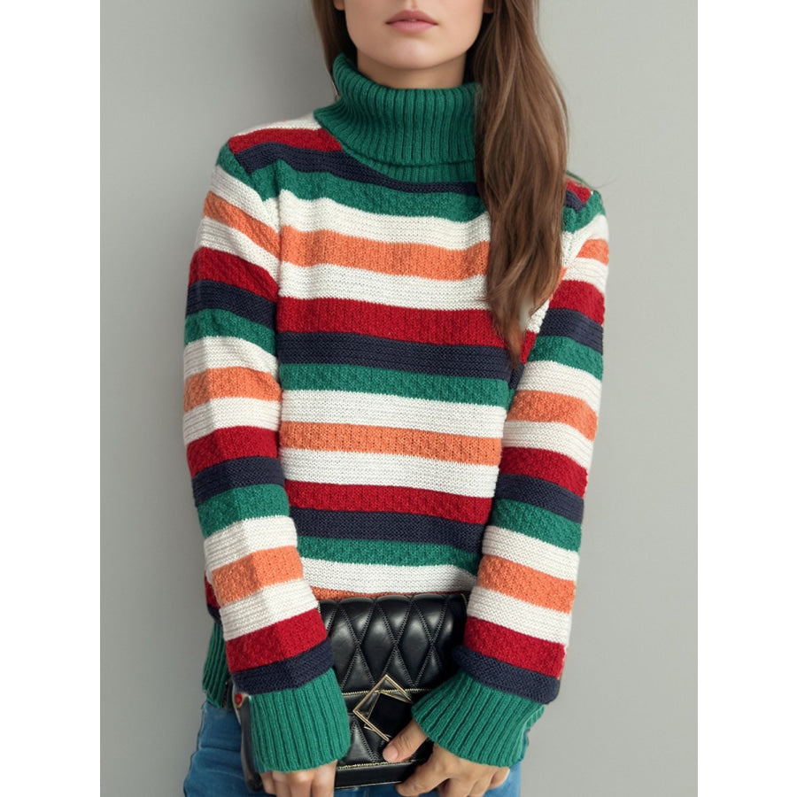 Contrast Stripes Turtleneck Long Sleeve Sweater Apparel and Accessories