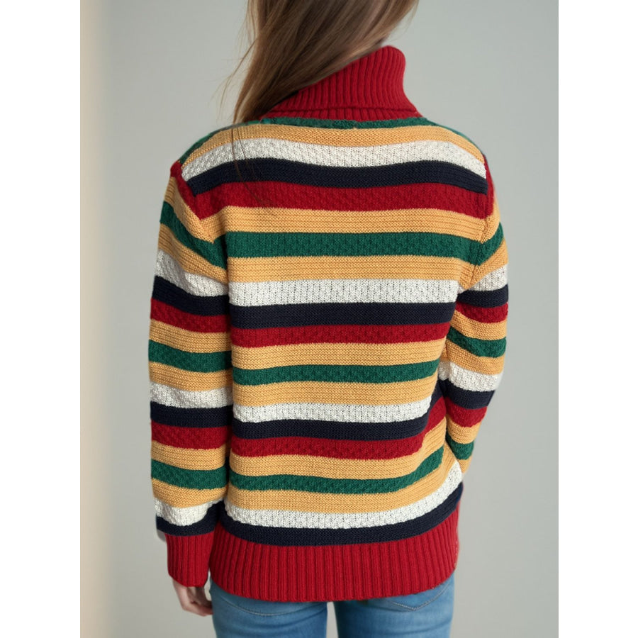 Contrast Stripes Turtleneck Long Sleeve Sweater Apparel and Accessories