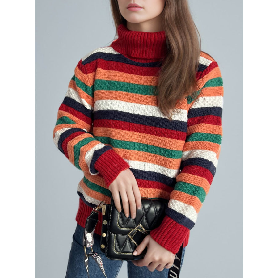 Contrast Stripes Turtleneck Long Sleeve Sweater Apparel and Accessories