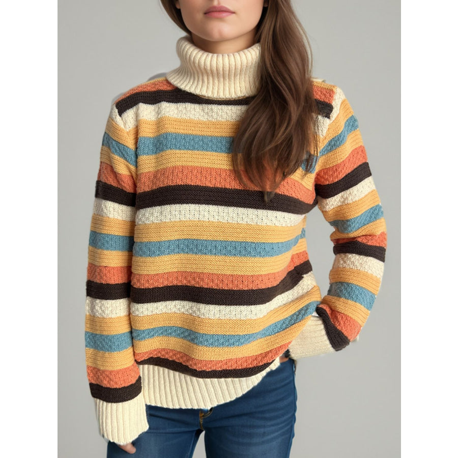 Contrast Stripes Turtleneck Long Sleeve Sweater Apparel and Accessories