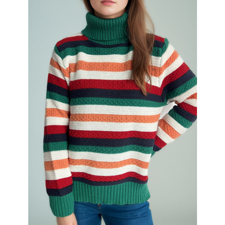 Contrast Stripes Turtleneck Long Sleeve Sweater Apparel and Accessories