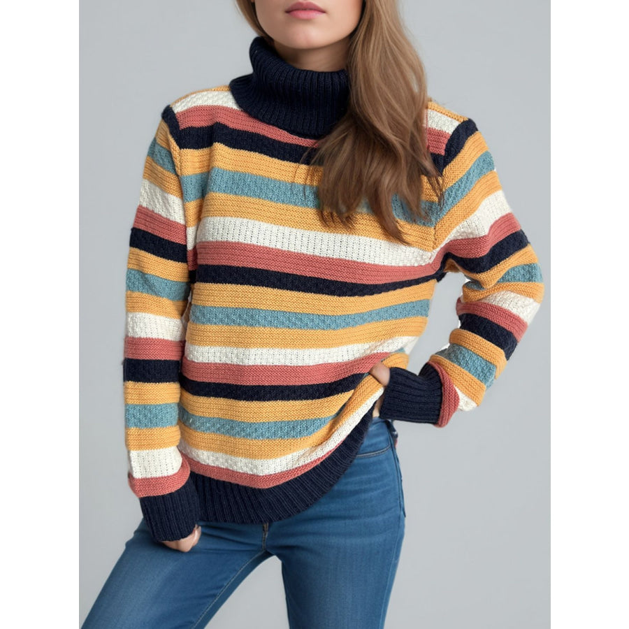 Contrast Stripes Turtleneck Long Sleeve Sweater Apparel and Accessories